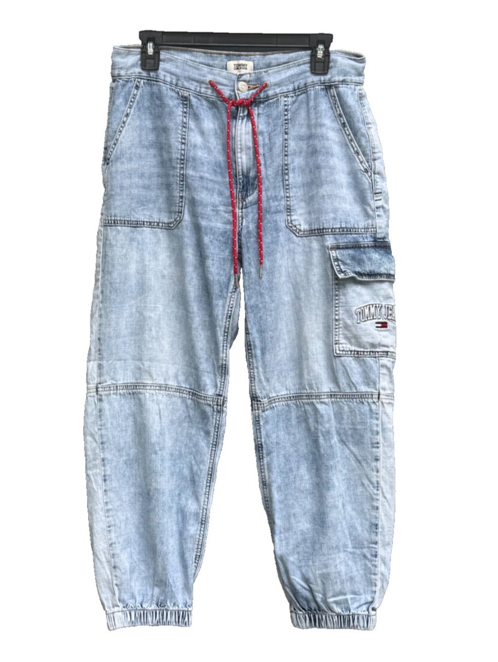 Vtg Tommy Jeans Womens Cargo Jogger Jeans Acid Wash Embroidered Size 29 RARE